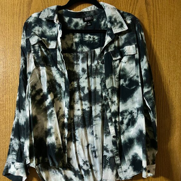 a.n.a Tie-Dye Button-Down Shirt | PL Petite Large | Black & White Rayon - Picture 1 of 4